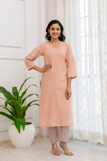 Peach Handloom Cotton Mirror Work Embroidery Kurta Pant Set