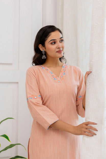 Peach Handloom Cotton Mirror Work Embroidery Kurta Pant Set