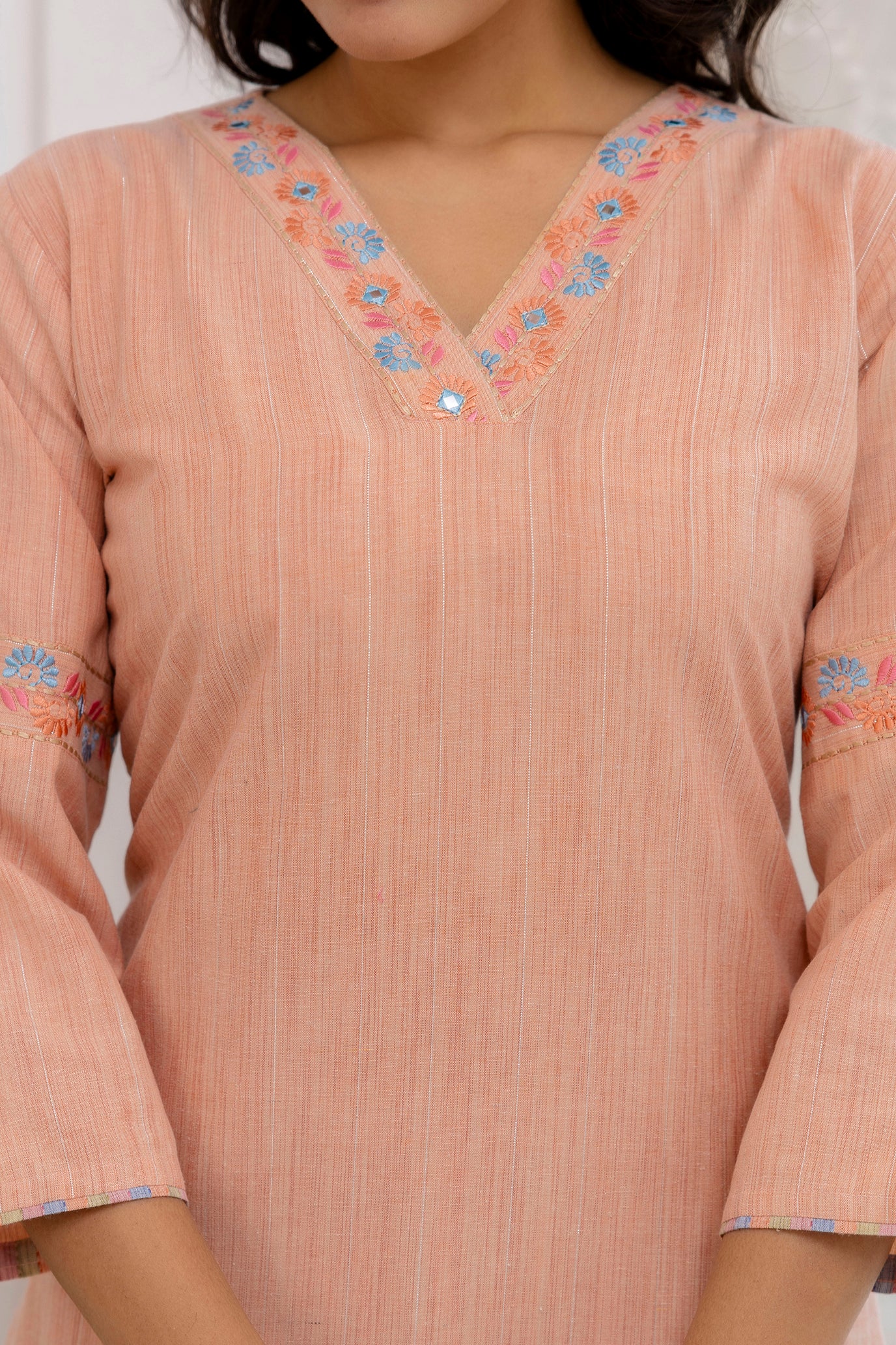 Peach Handloom Cotton Mirror Work Embroidery Kurta Pant Set