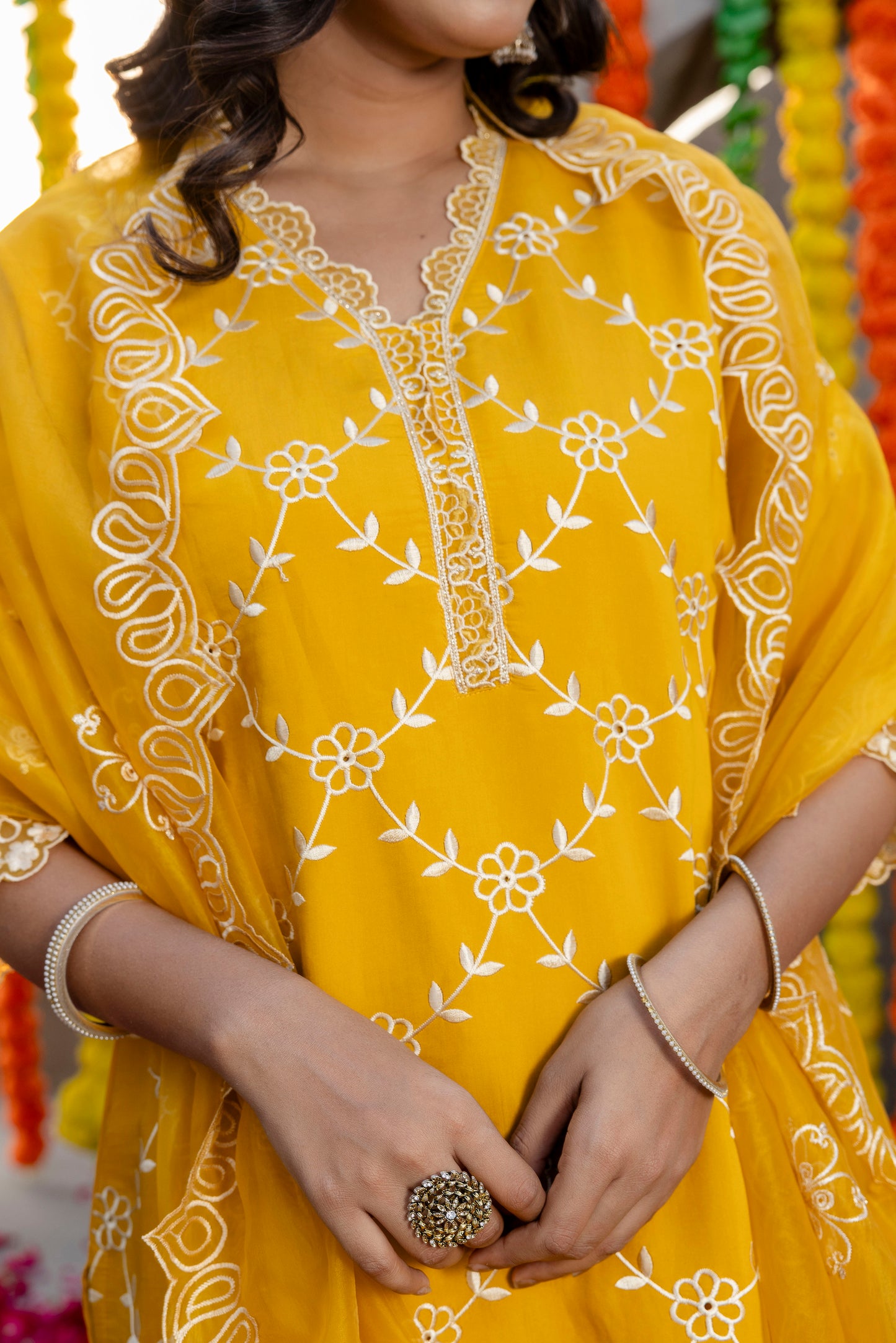 Golden Yellow Embroidred Muslin Kurta Pant with Embroidred Organza Dupatta