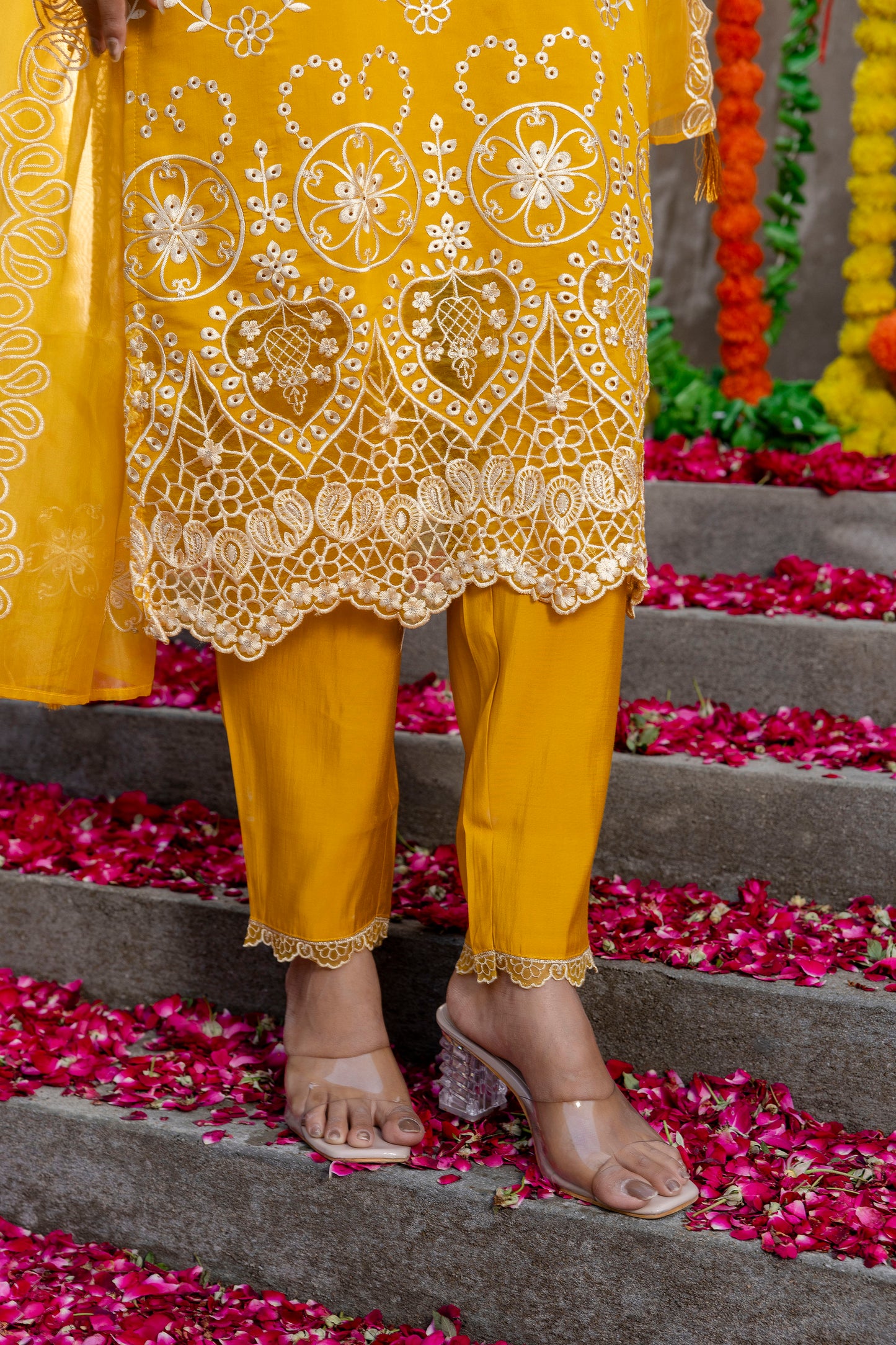 Golden Yellow Embroidred Muslin Kurta Pant with Embroidred Organza Dupatta