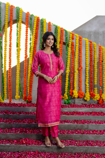 Pink Chanderi Kurta Pant With Multi Colored Hand Embroidred Heavy Dupatta