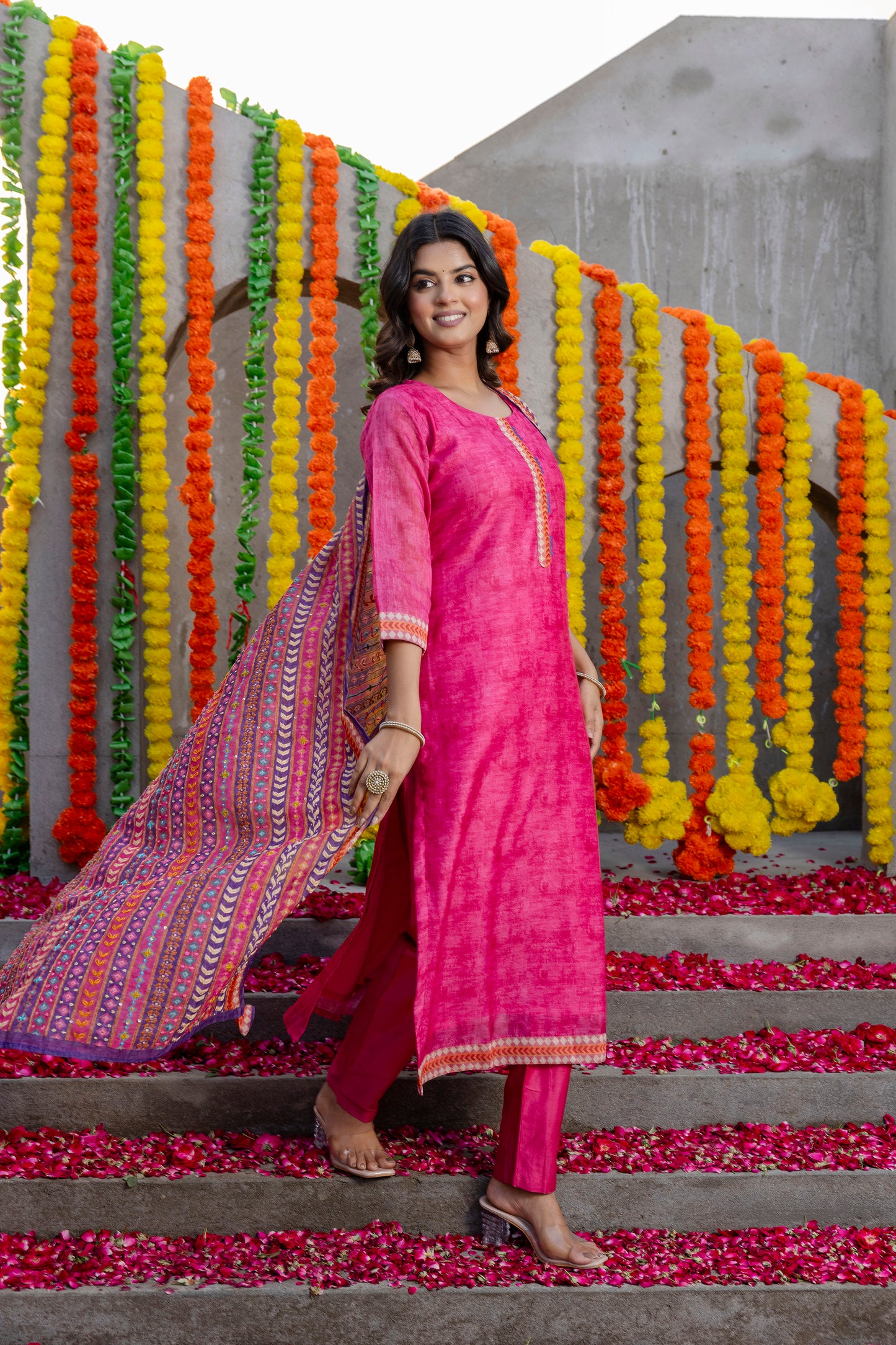 Pink Chanderi Kurta Pant With Multi Colored Hand Embroidred Heavy Dupatta