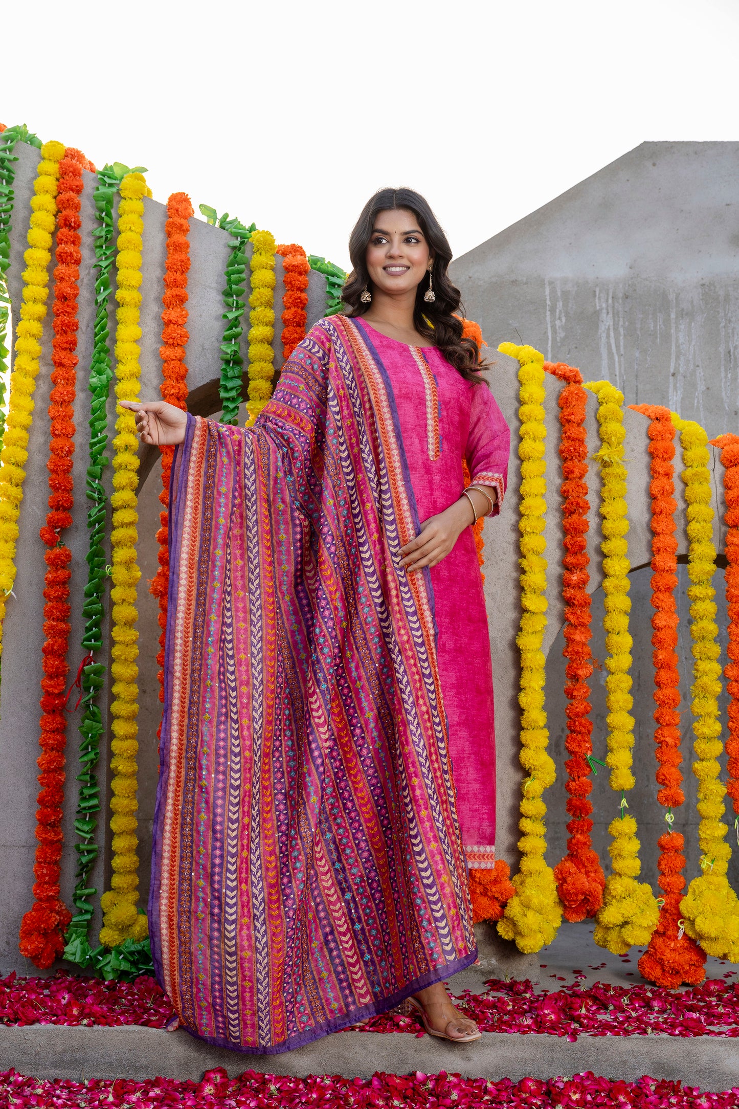 Pink Chanderi Kurta Pant With Multi Colored Hand Embroidred Heavy Dupatta