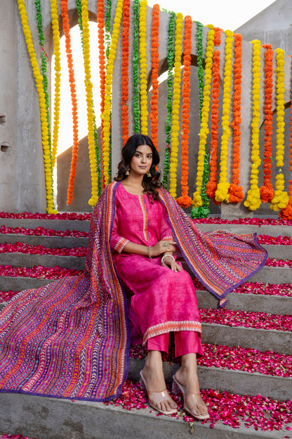 Pink Chanderi Kurta Pant With Multi Colored Hand Embroidred Heavy Dupatta