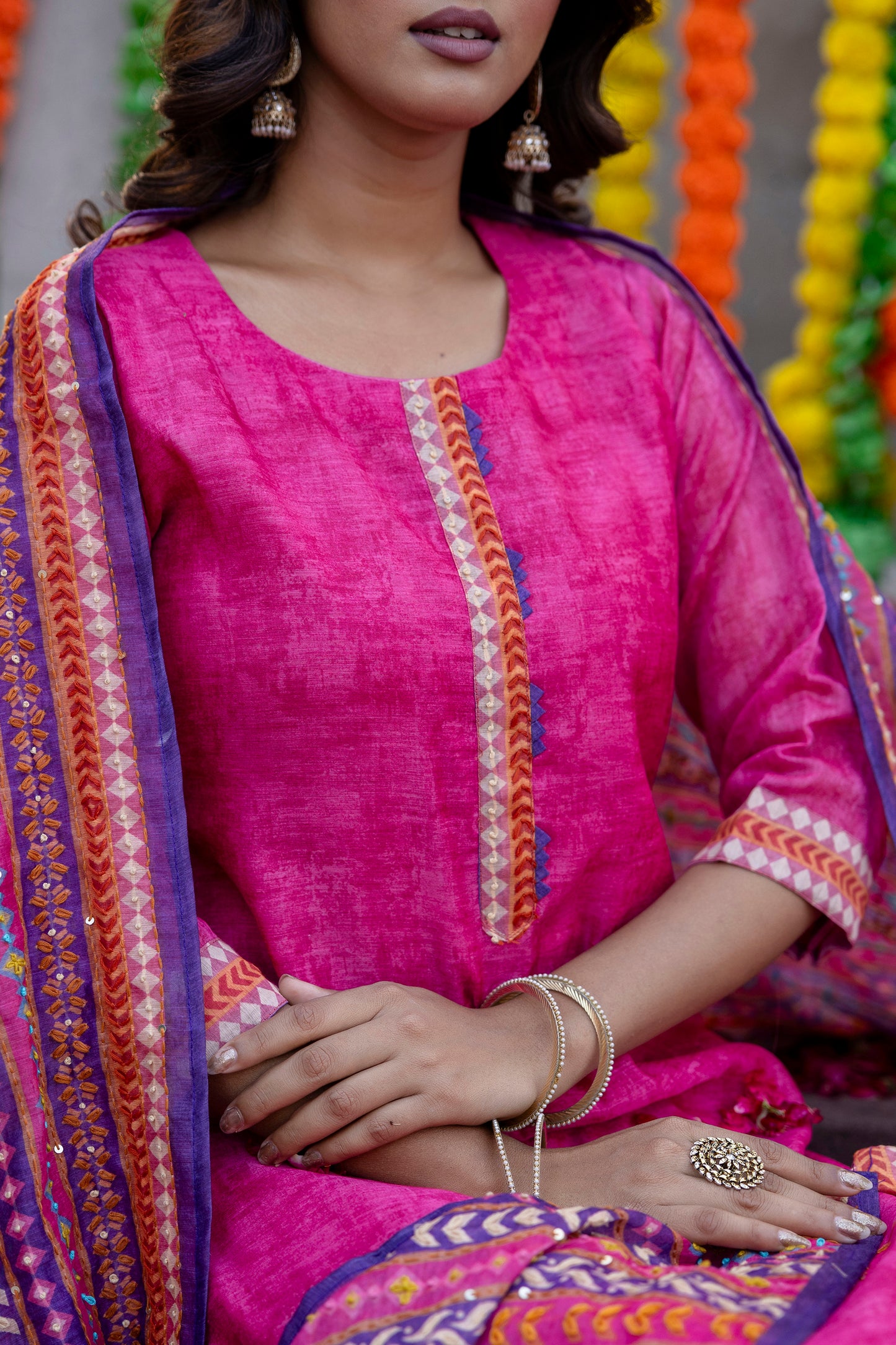 Pink Chanderi Kurta Pant With Multi Colored Hand Embroidred Heavy Dupatta