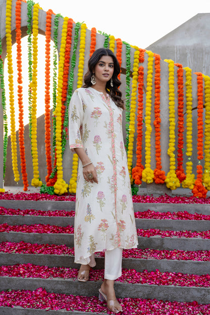 Off White Muslin A-line  Kurta Pant Set