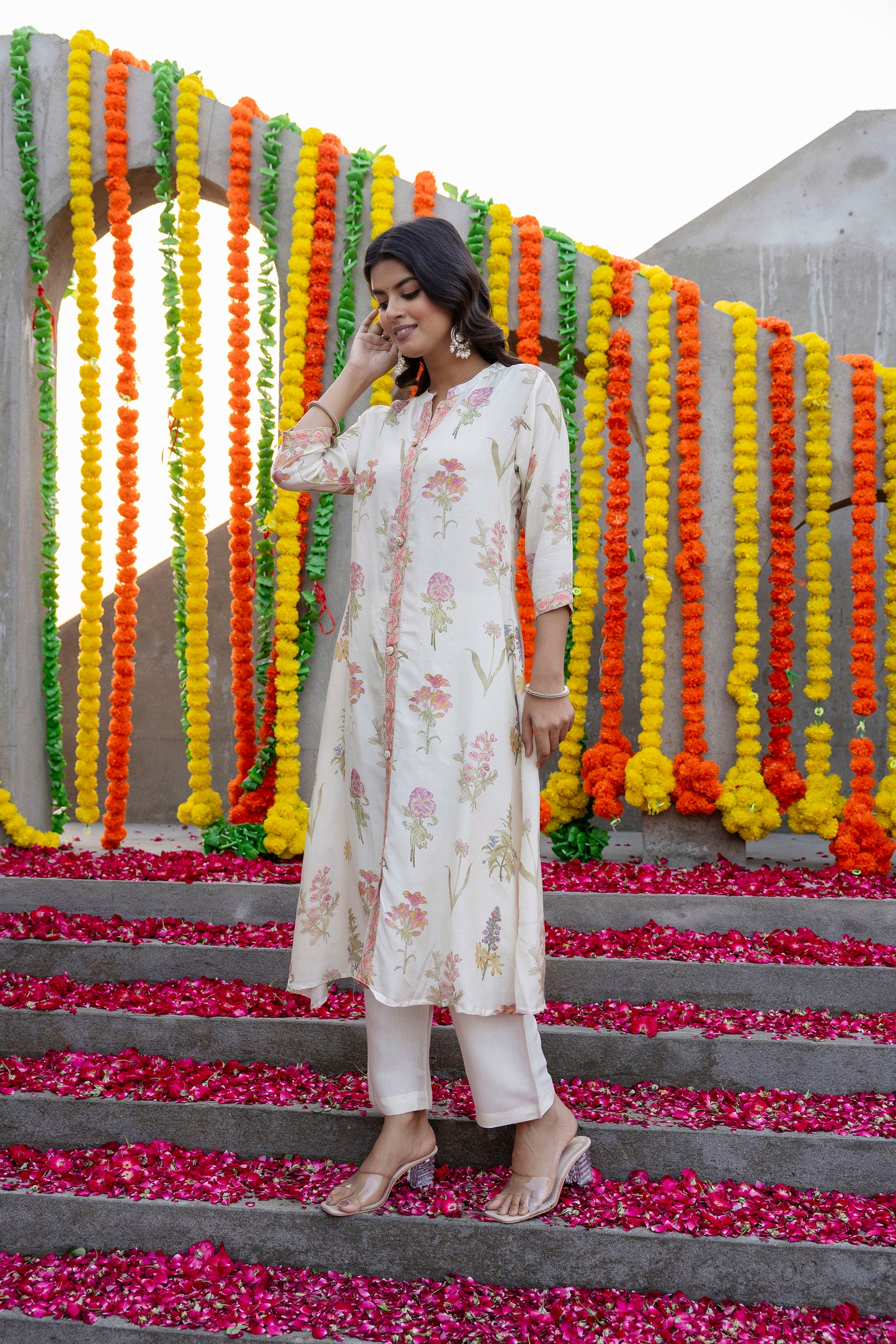 Off White Muslin A-line  Kurta Pant Set