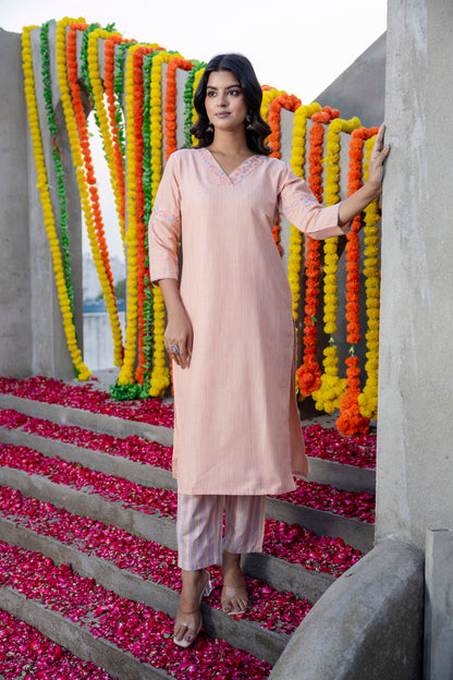 Peach Handloom Cotton Mirror Work Embroidery Kurta Pant Set