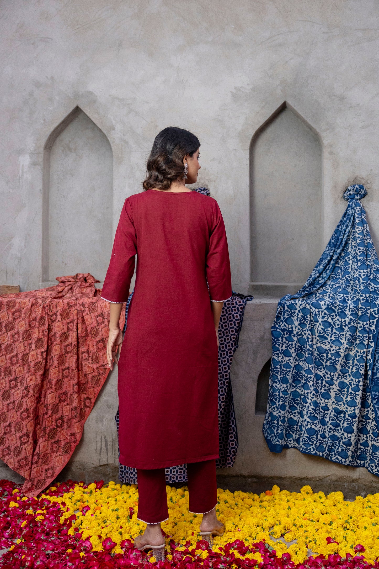 Rust Maroon Cotton Flex Embroidred Kurta Pant with Doria Dupatta