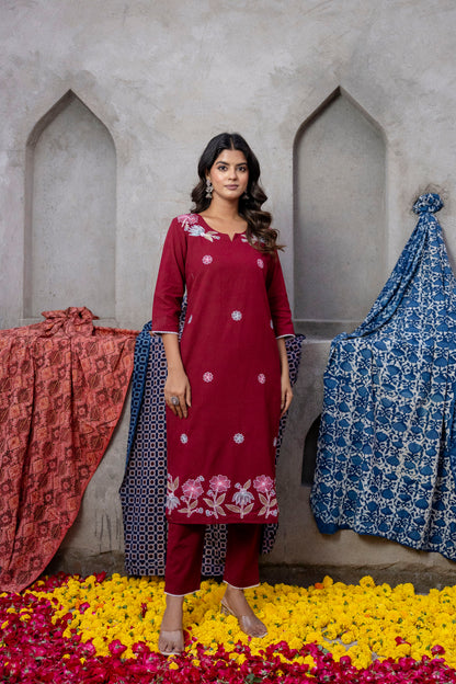 Rust Maroon Cotton Flex Embroidred Kurta Pant with Doria Dupatta