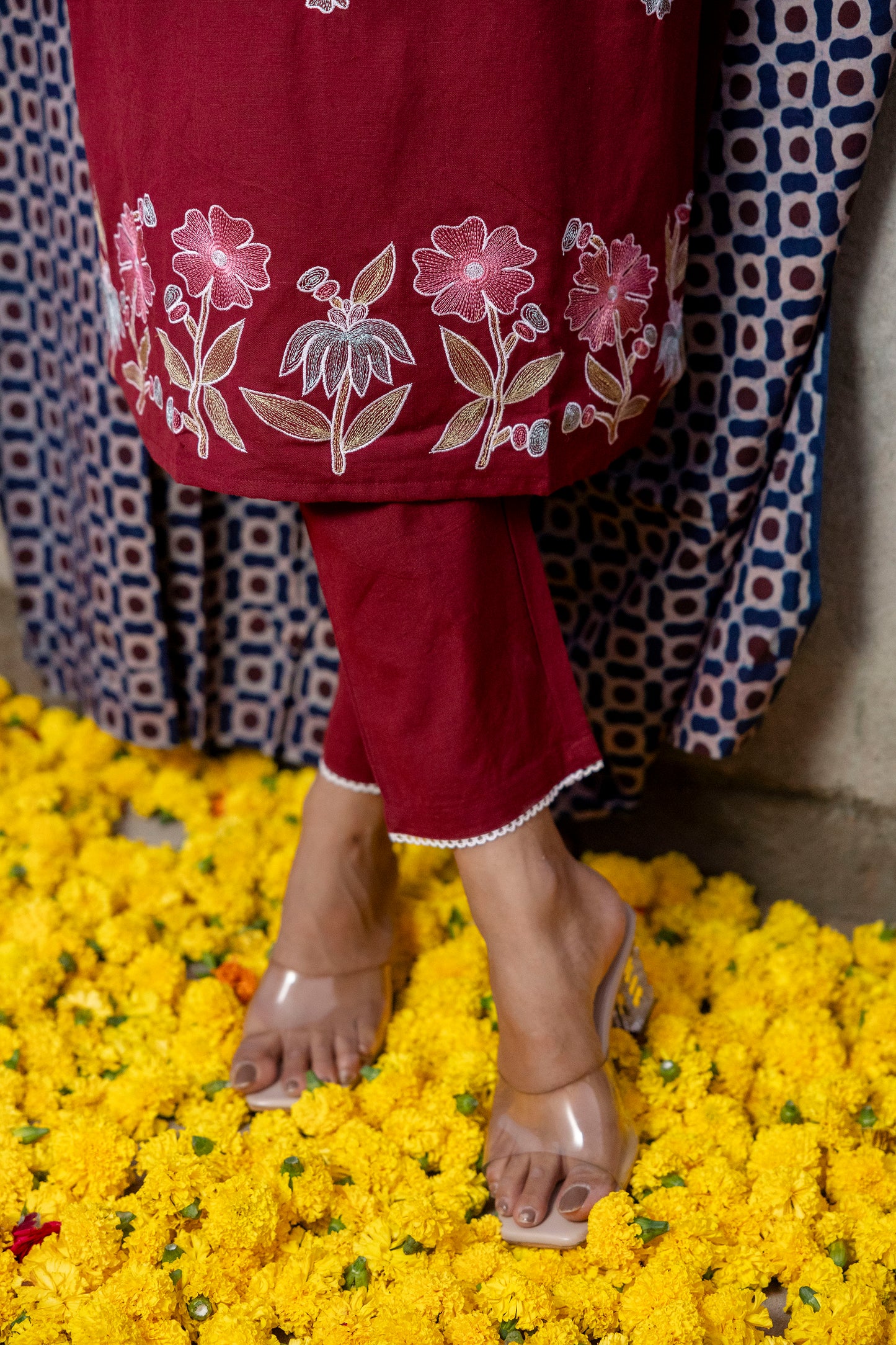 Rust Maroon Cotton Flex Embroidred Kurta Pant with Doria Dupatta