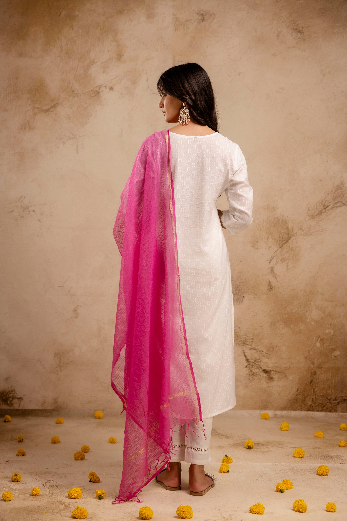 White Cotton Jacquard Embroidred Kurta Pant with Doria Dupatta