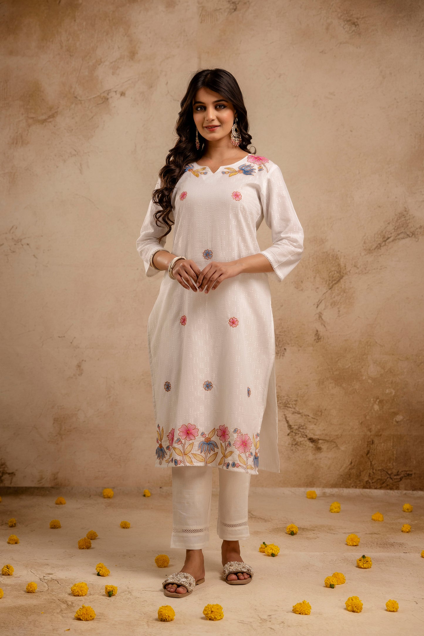 White Cotton Jacquard Embroidred Kurta Pant with Doria Dupatta