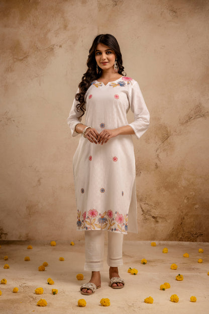 White Cotton Jacquard Embroidred Kurta Pant with Doria Dupatta