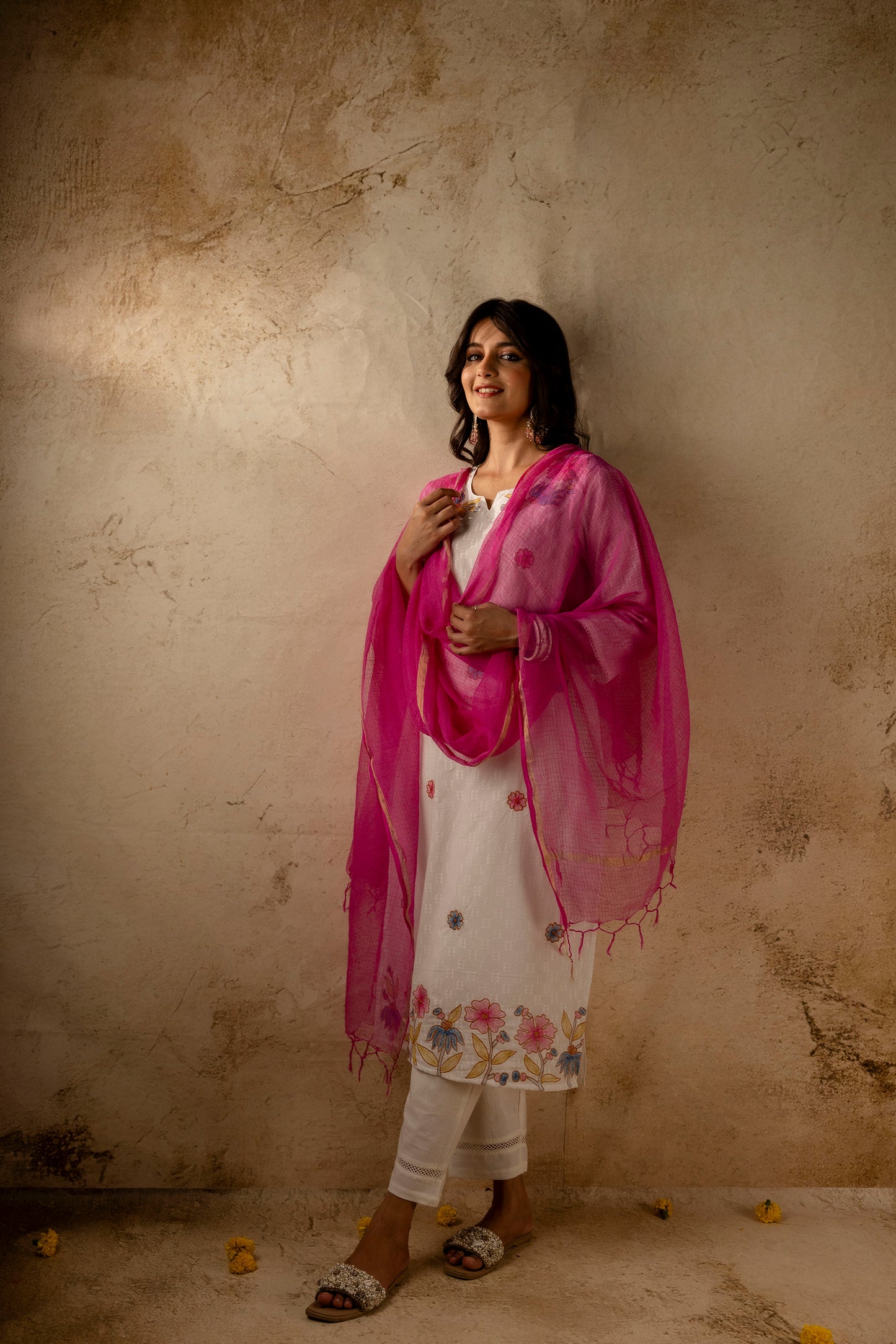 White Cotton Jacquard Embroidred Kurta Pant with Doria Dupatta