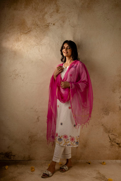 White Cotton Jacquard Embroidred Kurta Pant with Doria Dupatta