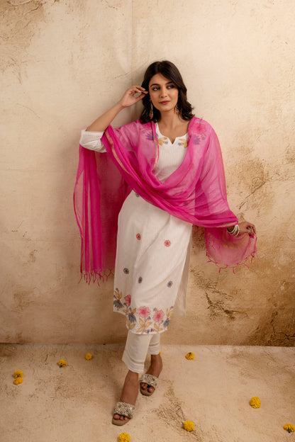 White Cotton Jacquard Embroidred Kurta Pant with Doria Dupatta