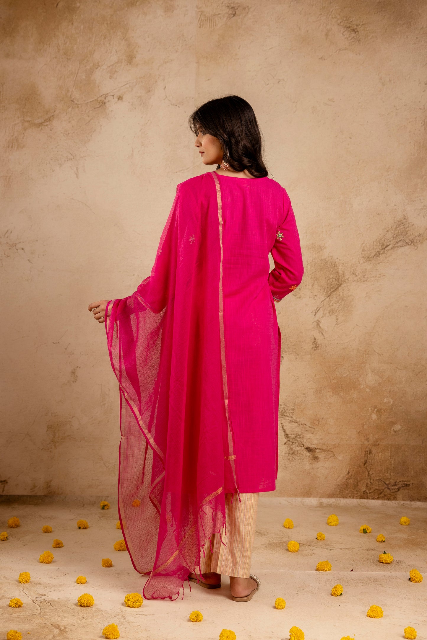 Hot Pink Handloom Fabric Embroidered straight Kurta with Pant with Doria Dupatta