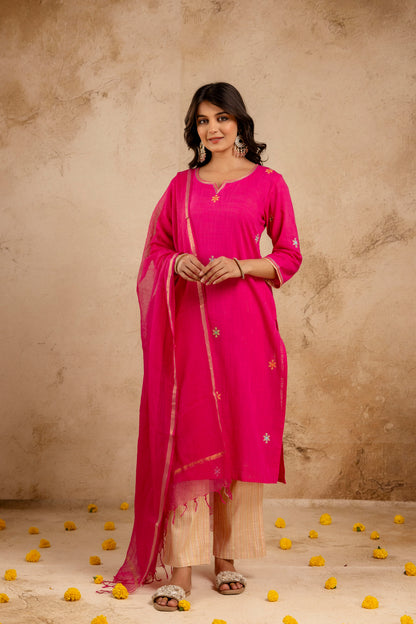 Hot Pink Handloom Fabric Embroidered straight Kurta with Pant with Doria Dupatta