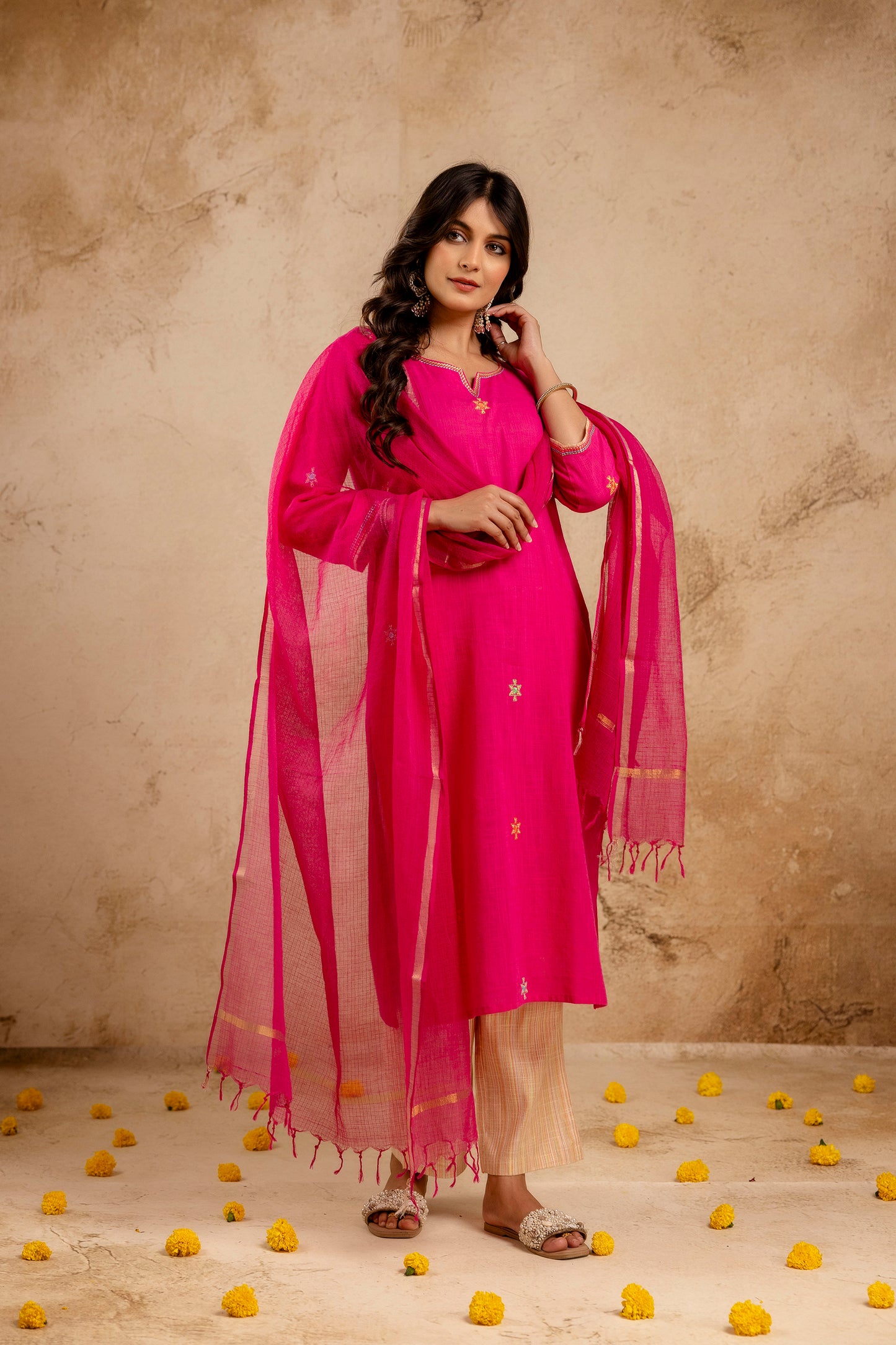 Hot Pink Handloom Fabric Embroidered straight Kurta with Pant with Doria Dupatta