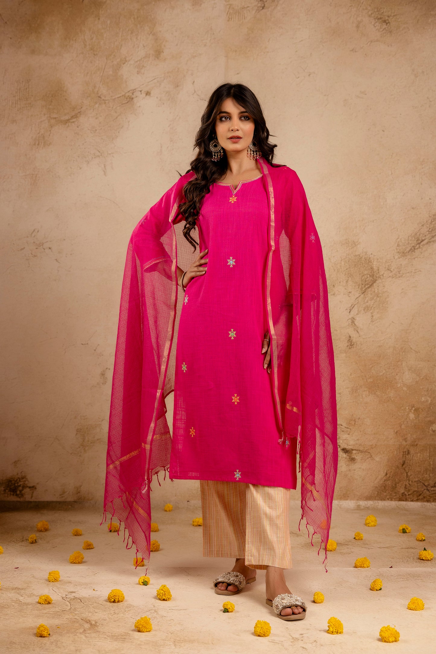 Hot Pink Handloom Fabric Embroidered straight Kurta with Pant with Doria Dupatta