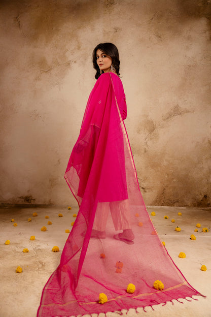 Hot Pink Handloom Fabric Embroidered straight Kurta with Pant with Doria Dupatta