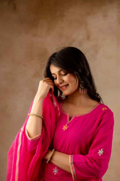 Hot Pink Handloom Fabric Embroidered straight Kurta with Pant with Doria Dupatta