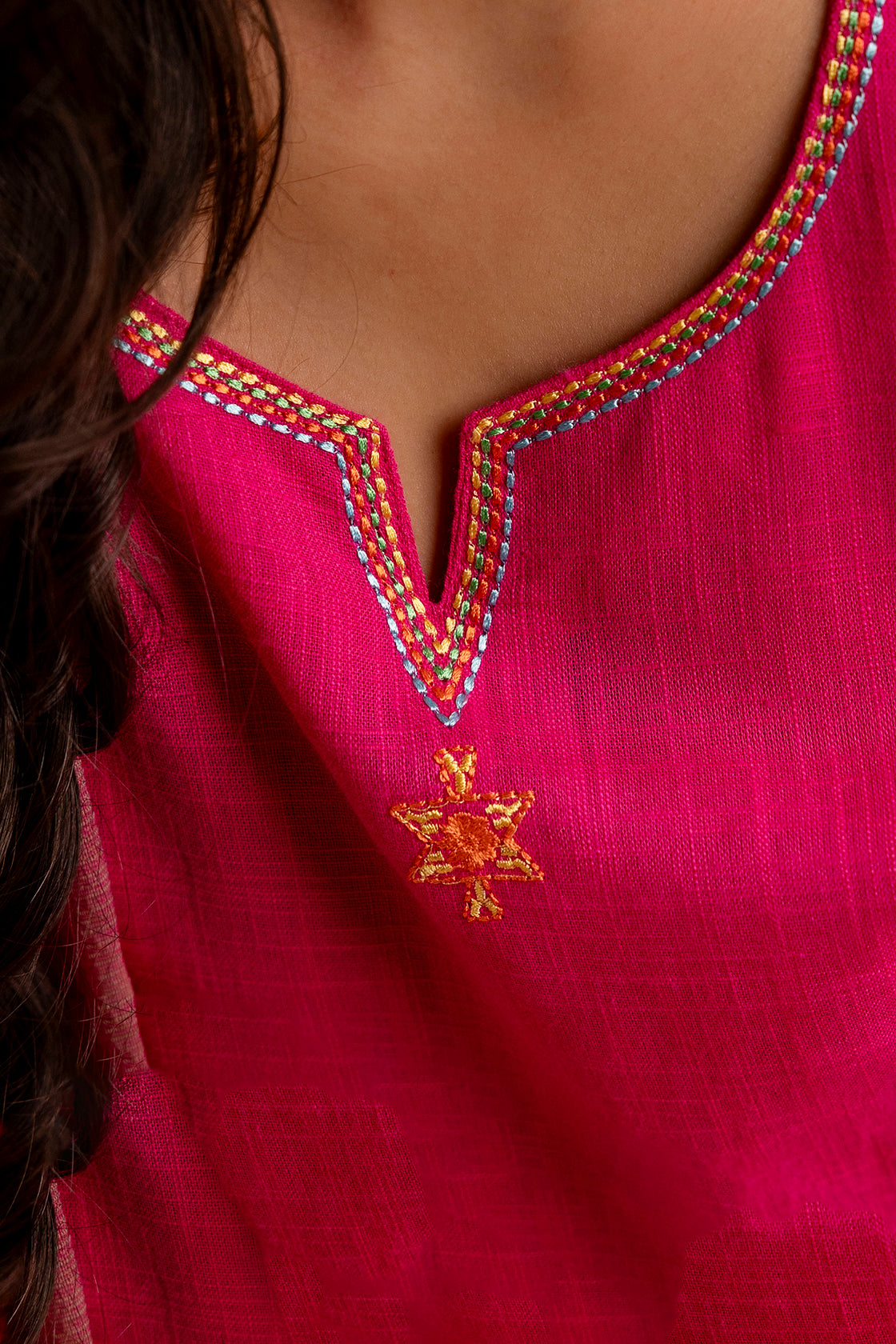 Hot Pink Handloom Fabric Embroidered straight Kurta with Pant with Doria Dupatta