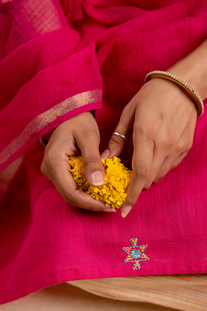 Hot Pink Handloom Fabric Embroidered straight Kurta with Pant with Doria Dupatta