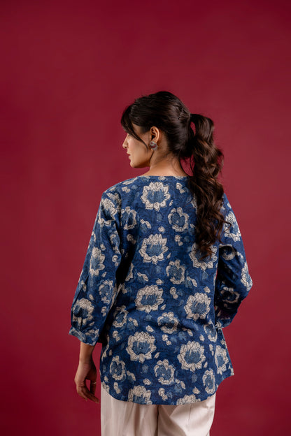 Indigo Blue Floral Handblock Print Tunic Top