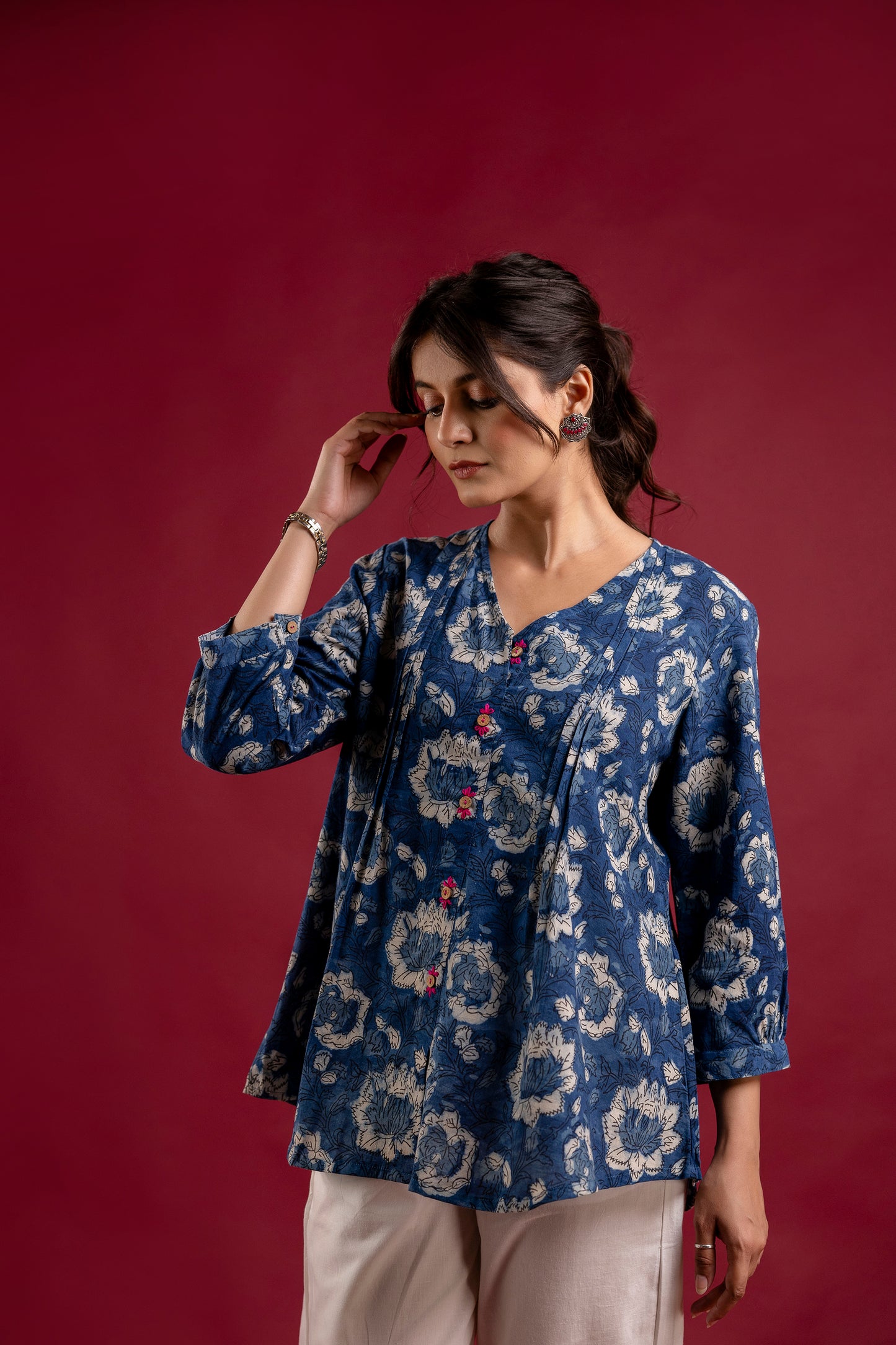 Indigo Blue Floral Handblock Print Tunic Top