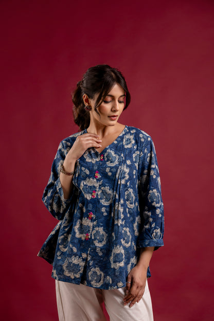 Indigo Blue Floral Handblock Print Tunic Top