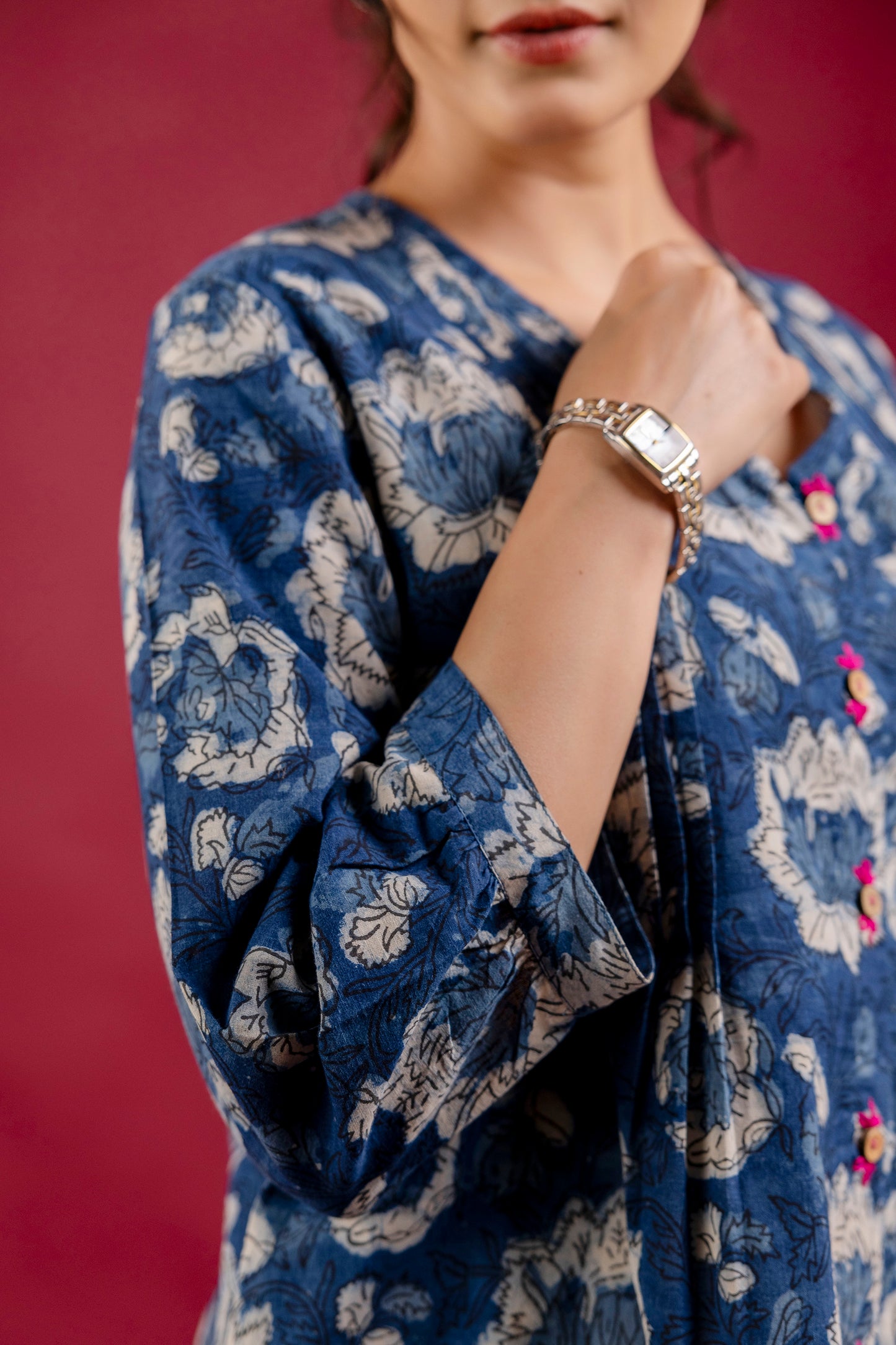 Indigo Blue Floral Handblock Print Tunic Top