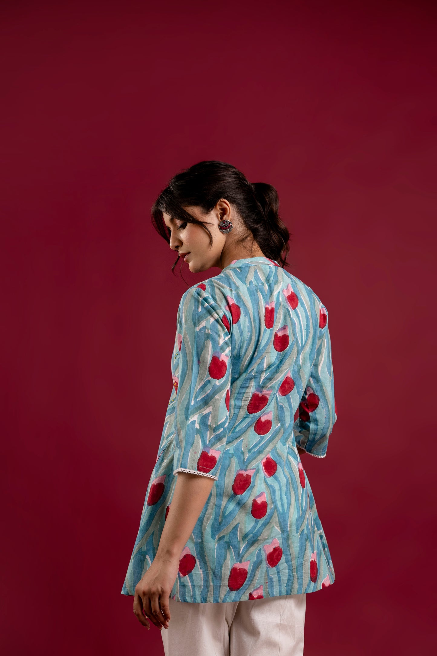 Aqua Blue Tulip Print Handblock Cotton Tunic Top