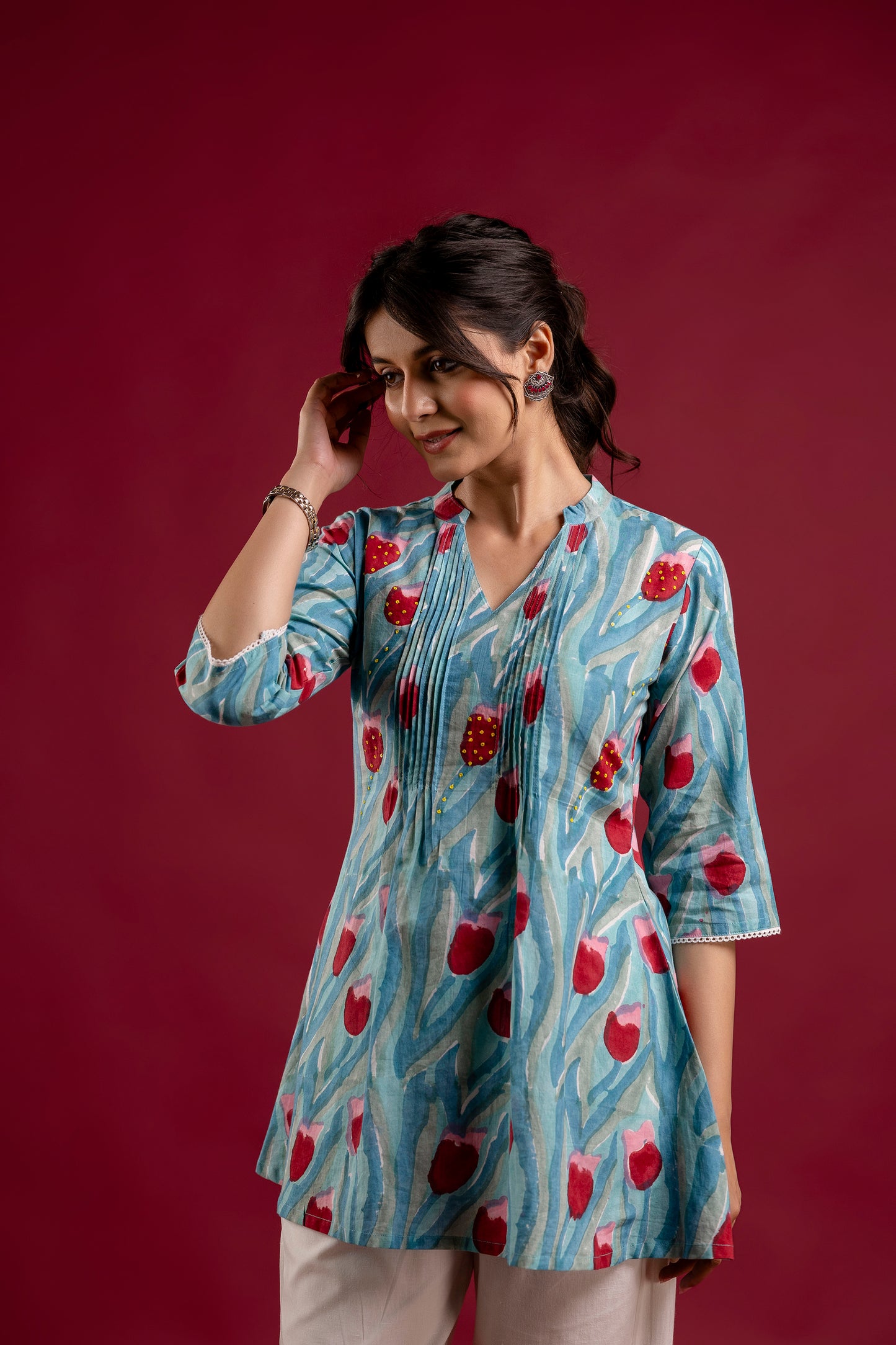 Aqua Blue Tulip Print Handblock Cotton Tunic Top