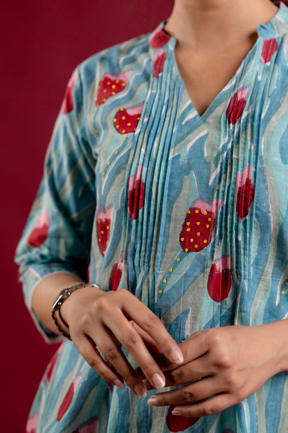 Aqua Blue Tulip Print Handblock Cotton Tunic Top