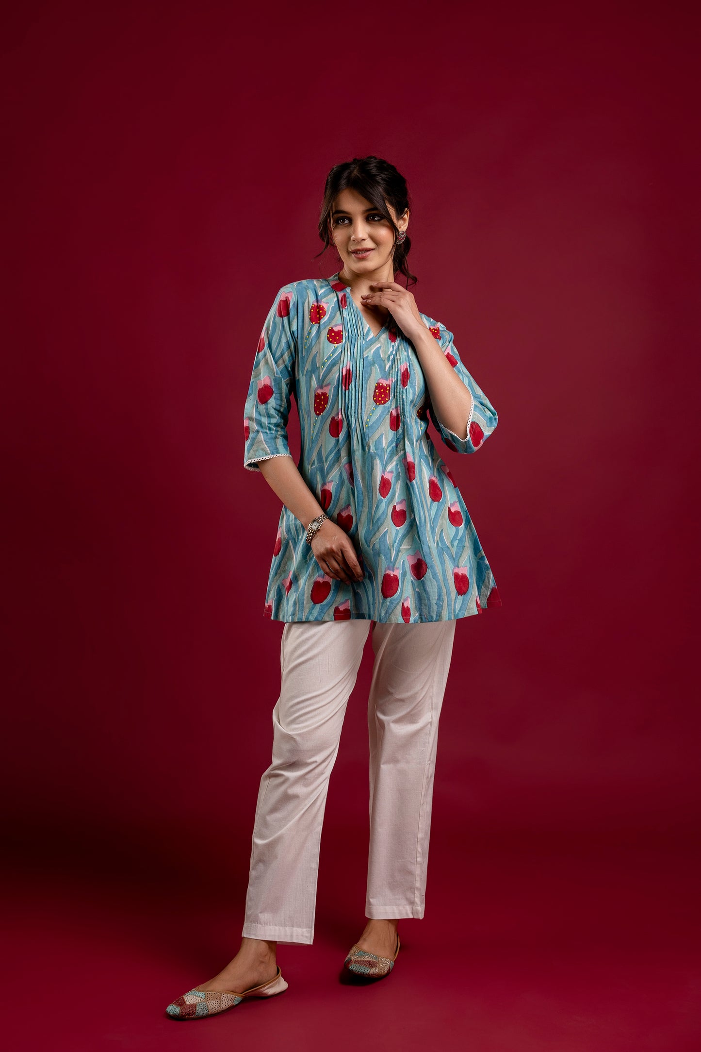 Aqua Blue Tulip Print Handblock Cotton Tunic Top