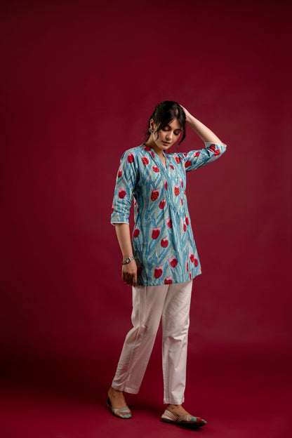 Aqua Blue Tulip Print Handblock Cotton Tunic Top