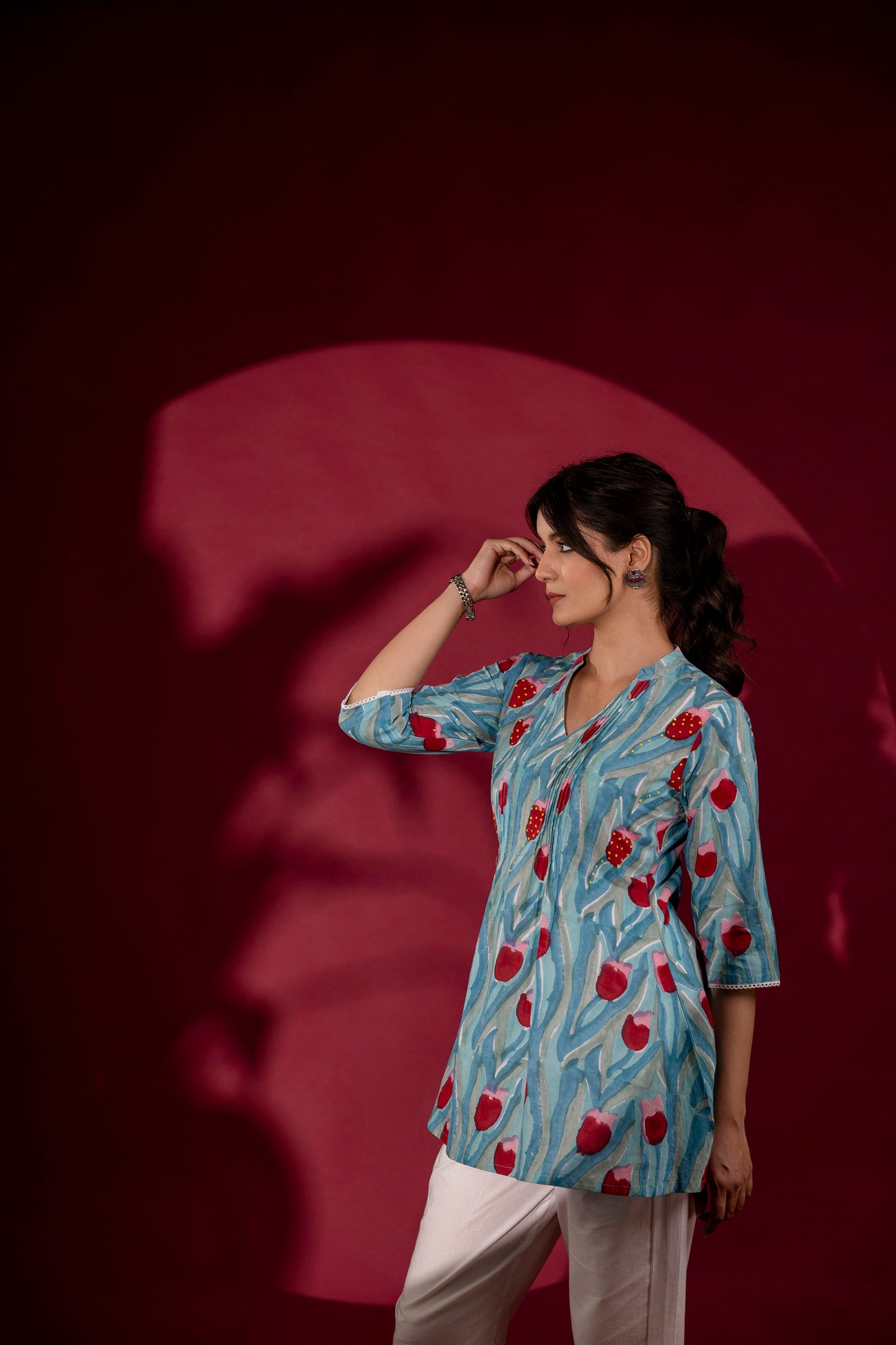 Aqua Blue Tulip Print Handblock Cotton Tunic Top