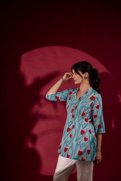 Aqua Blue Tulip Print Handblock Cotton Tunic Top