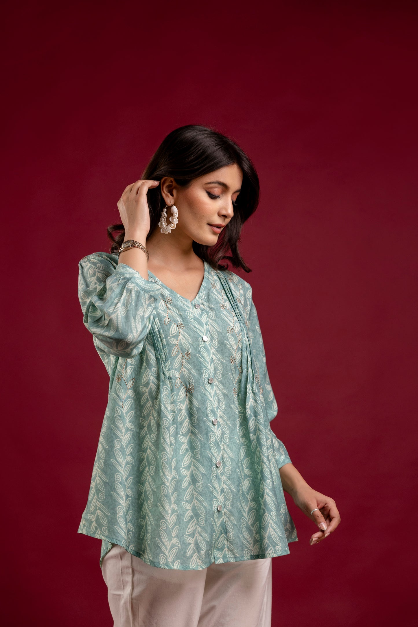 Sage Green Pintucks Muslin Tunic Top