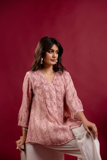 Rose Pink Pintucks Muslin Tunic Top