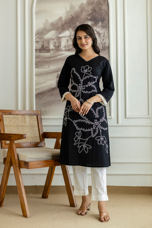 Black Cotton Flower Embroidery Kurta