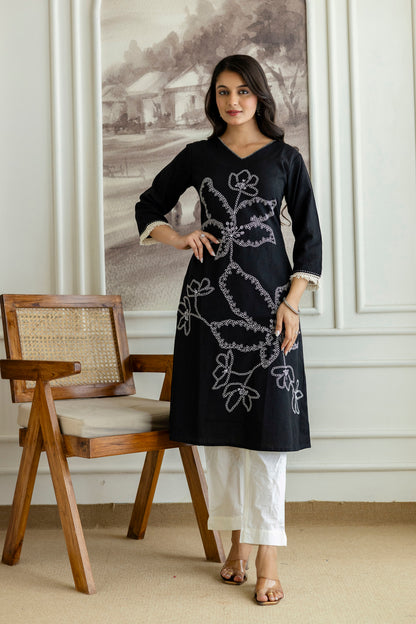 Black Cotton Flower Embroidery Kurta