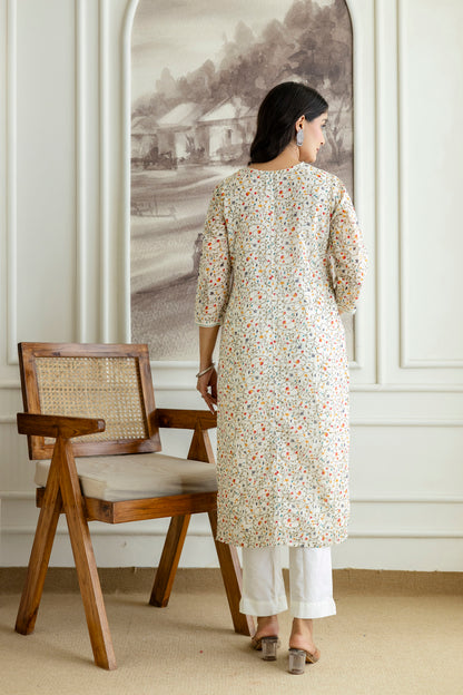 Ivory Cotton Jaal Print V-neck Kurta