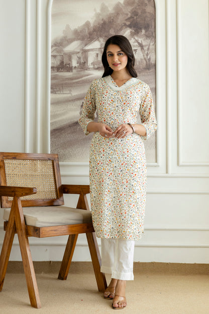 Ivory Cotton Jaal Print V-neck Kurta