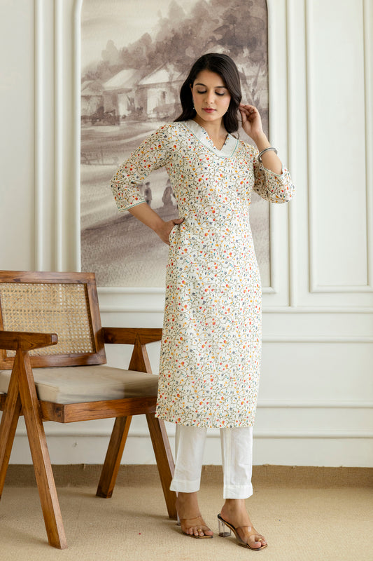 Ivory Cotton Jaal Print V-neck Kurta