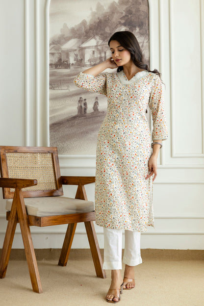 Ivory Cotton Jaal Print V-neck Kurta
