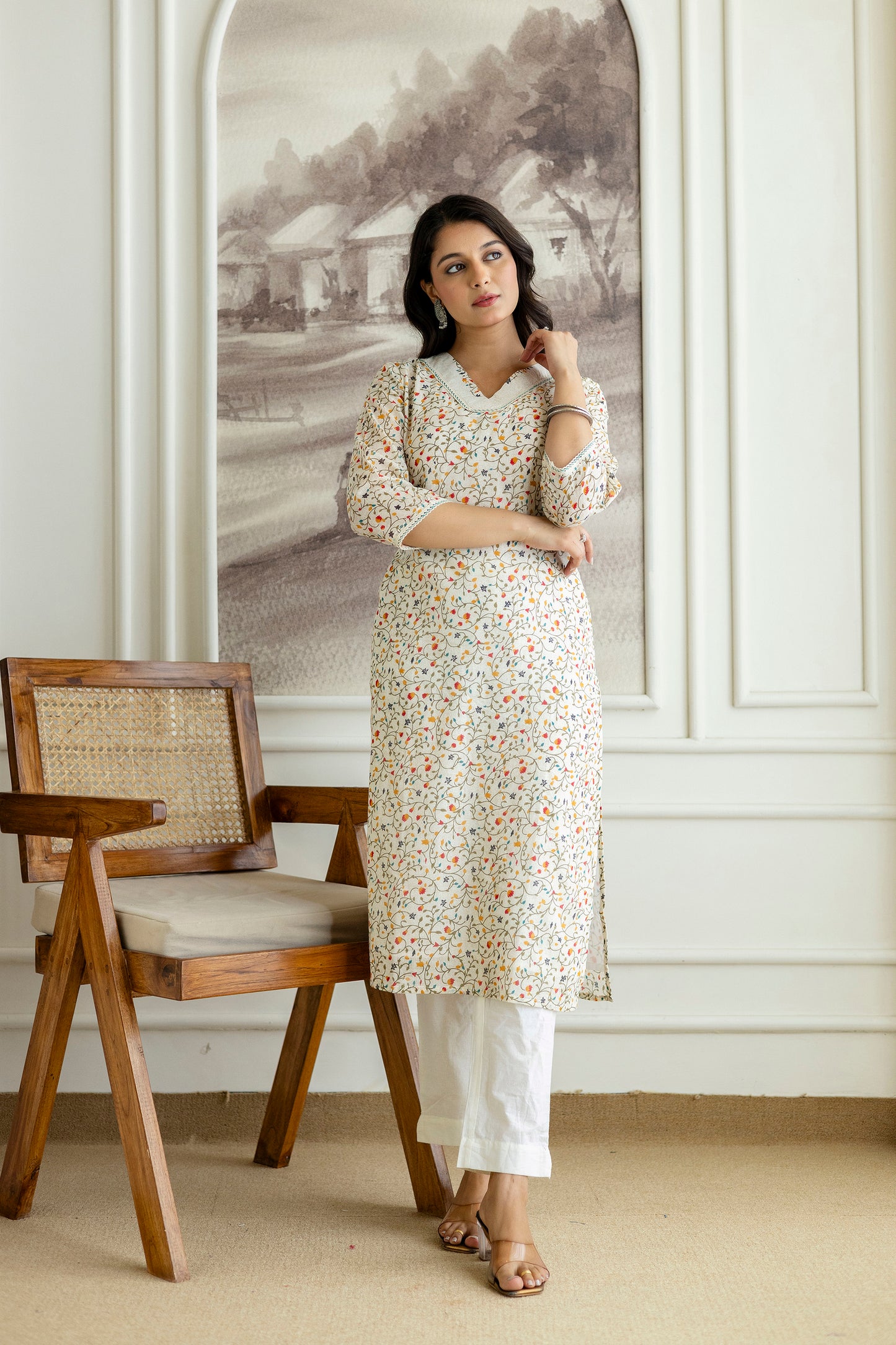 Ivory Cotton Jaal Print V-neck Kurta